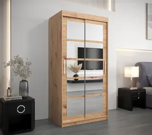 Roma II Oak Artisan Elegant Sliding Door Wardrobe H2000mm W1000mm D620mm with Mirrored Panels