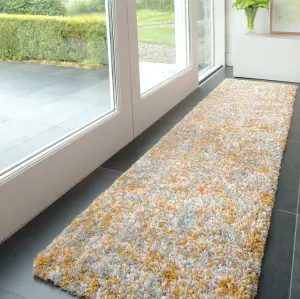 Super Soft Mottled Tonal Ochre Yellow & Grey Shaggy Runner Rug 60x240cm