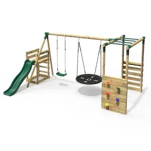 Rebo Wooden Children's Swing Set with Monkey Bars plus Deck & 6ft Slide - Double Swing - Meteorite Green