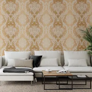 Seabrook Floral Damask Stria Ochre Wallpaper Acrylic Coated Paper Traditional