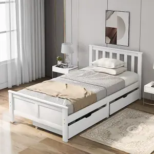 Wooden Solid White Pine Storage Bed with Drawers Bed Furniture Frame for Adults, Kids, Teenagers 3ft Single 190x90cm