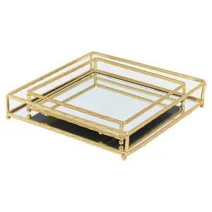 URBNLIVING Height 4cm Set of 2 Gold Metal Frame Square Mirror Tray Set Vanity Perfume Makeup Candle Trinket Tray