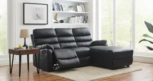 Carter 3 Seater Sofa With Right Hand Chaise and Left Hand Recliner, Black Faux Leather