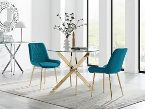 Furniturebox UK Novara 100cm Round Gold Leg Dining Table & 2 Blue Pesaro Gold Leg Chairs