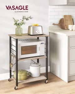 VASAGLE Kitchen Shelf on Wheels, Serving Trolley with 3 Shelves, Microwave Shelf, for Mini Oven, Toaster, with 6 Hooks