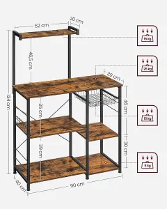 VASAGLE Industrial Kitchen Organizer, Standing Shelf with Metal Basket, 6 Hooks, Microwave Shelf Rack, Spice Rack, Dark Brown