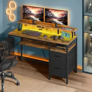 VASAGLE Workstation Desk, with LED Lighting and Power Connectivity, Corner Desk, with Shelf, USB Ports, and Drawers, Rustic Brown