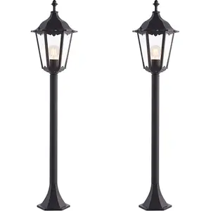 2 PACK Outdoor Lamp Post Lantern Bollard Light Matt Black & Glass 1m Tall LED