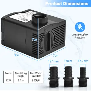 Costway 900L/H 22W Submersible Pump Fountain Water Pump with 2.2M High Lift 3 Nozzles