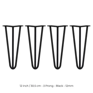 4 x Hairpin Leg - 12 - Black - 3 Prong - 12m