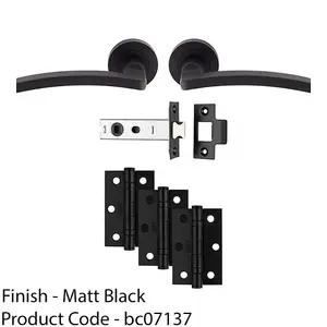 Premium Door Handle & Latch Pack - Matt Black Slim Curved Lever Round Rose