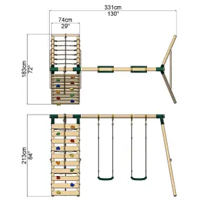 Rebo Wooden Swing Set with Up and Over Climbing Wall - Ela Green