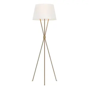 Floor Lamp Tripod Base Crossed Mid Stem White Shade Burnished Brass LED E27 60W