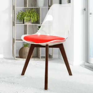 Soho Clear and Red Plastic Dining Chair with Squared Dark Wood Legs