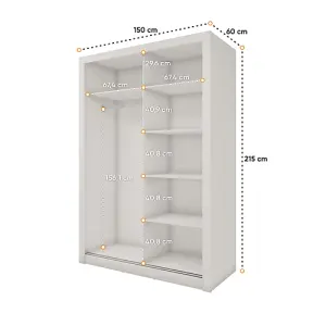 Elegant Sliding Door Wardrobe with Mirrors & Organiser Shelves in White (H2150mm x W1500mm x D600mm)