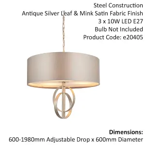 Antique Silver Ceiling Pendant Light & Mink Satin Shade - 3 Bulb Hanging Fitting