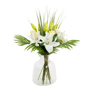 Artificial Flower Bouquet - Faux Palm Leaves, Lilies & Roses Handtied Arrangement