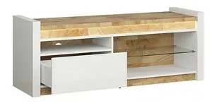 TV Unit Entertainment Stand Cabinet LEDs 1 Drawer White Gloss Oak Effect Alameda