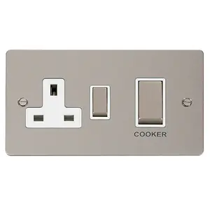 Flat Plate Pearl Nickel Cooker Control Ingot 45A With 13A Switched Plug Socket - White Trim - SE Home