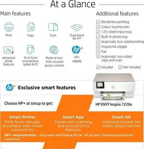 HP ENVY Inspire 7220E All-In-One Wireless Printer, HP+ Enabled & HP Instant Ink Compatible, White