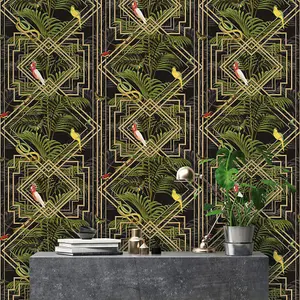 Holden Congo Black Gold Art Deco Geometric Tropical Jungle Animals Wallpaper