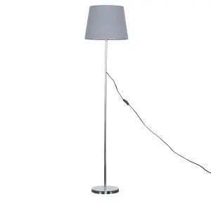 ValueLights Modern Standard Floor Lamp In Polished Chrome Metal Finish With Grey Tapered Shade