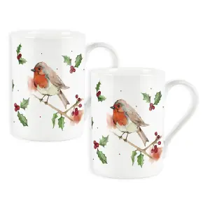 Purely Home Christmas Robins Bone China Mugs - Set of 2