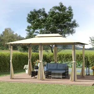 Outsunny 3 x 4m 2-Tier Steel Frame Gazebo with Curtains Outdoor Backyard Beige