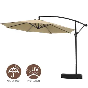 3M Large Rotatable Garden Sun Shade Cantilever Parasol Patio Hanging Banana Umbrella Crank Tilt with 60L Fillable Base, Khaki