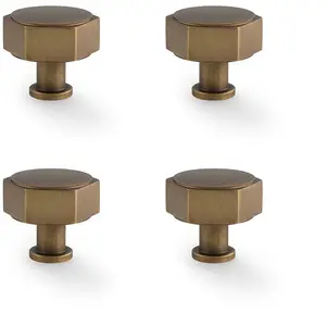 4 PACK - Industrial Hex Cabinet Door Knob - 40mm Antique Brass Cupboard Pull Handle