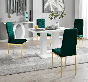 Furniturebox UK 4 Seater Dining Set - Imperia White High Gloss Dining Table and Chairs - 4 Green Velvet Milan Gold Leg Chairs