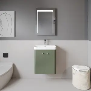 Wall Hung 2 Door Vanity Unit with Ceramic Sink - 500mm - Satin Green