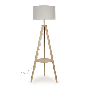 ValueLights Morrigan Light Wood Tripod Design Floor Lamp with Storage Shelf & Grey Drum Shade with LED Bulb