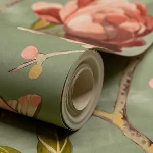 Lola Green Floral Wallpaper Pink Roses Butterflies Smooth Matte Finish Grandeco