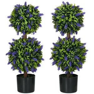 HOMCOM Set of 2 Potted Artificial Plants Ball Tree with Lavender Flowers, 70cm