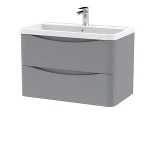 Wall Hung 2 Drawer Vanity Basin Unit with Polymarble Basin, 800mm - Satin Grey