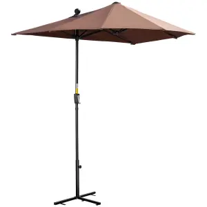 Outsunny 2m Half Parasol Market Umbrella Garden Balcony Parasol with Crank Handle, Cross Base, Double-Sided Canopy, Coffee