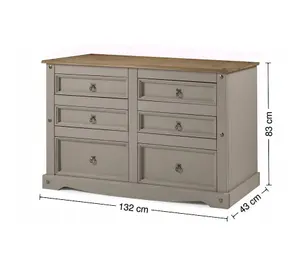 Mercers Furniture Corona Grey Wax Low 3+3 Wide Chest of 6 Drawers Solid Pine with Mexican Styling