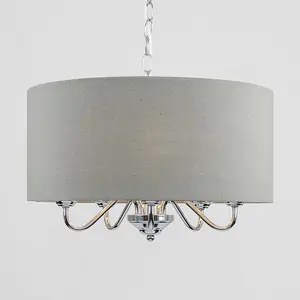 ValueLights Rocha Modern Chrome 5 Way Curved Arm Grey Linen Slimline Drum Ceiling Light Pendant with LED Bulb