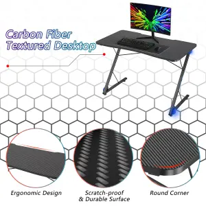 Costway Z-Shaped Computer Desk w/ LED Lights & Large Carbon Fiber Surface Home Office