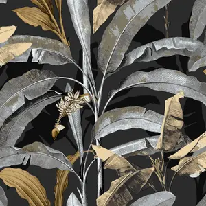 Galerie Into The Wild Metallic Black Banana Tree Leaf Wallpaper Roll