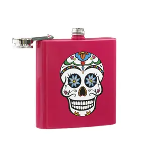 Maison by Premier Hip Flask Skull Design With Pink Finish