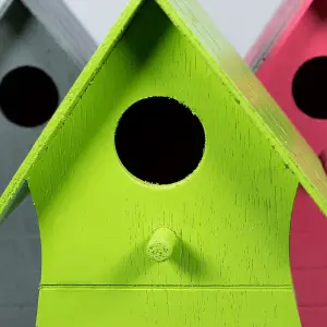 Set of 3 Colourful Wooden Bird Houses - Wall Fence Mountable or Hanging Outdoor Garden Wild Bird Nesting Box with 30mm Hole