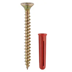 Timco - Red Plastic Plugs with Screws (Size 30mm Red Plug, 4.0x40 Screw - 200 Pieces)