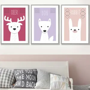 Set of 3 Scandi Nursery Forest Animals Pink Lilac Wall Art Prints / 50x70cm / Light Grey Frame