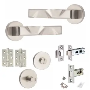 1 Set Nova Design Bathroom Complete Door Handle Set Satin Nickel Finish