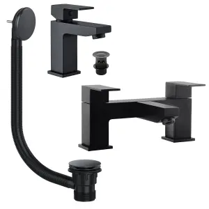 Matt Black Square Basin & Bath Filler Tap Set Including Bath Waste (Form Style)