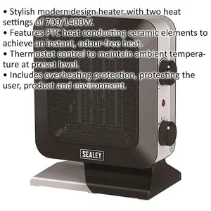 1400W Ceramic Fan Heater - 2 Heat Settings - Thermostat Control - 230V Supply