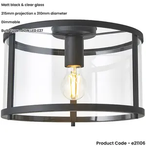 Semi Flush Low Ceiling Light - Matt Black & Clear Glass - 10W Max LED E27