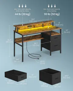 VASAGLE Workstation Desk, with LED Lighting and Power Connectivity, Corner Desk, with Shelf, USB Ports, and Drawers, Rustic Brown